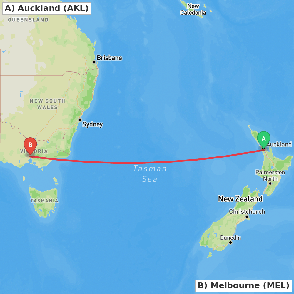 Flight route map from Auckland to Melbourne