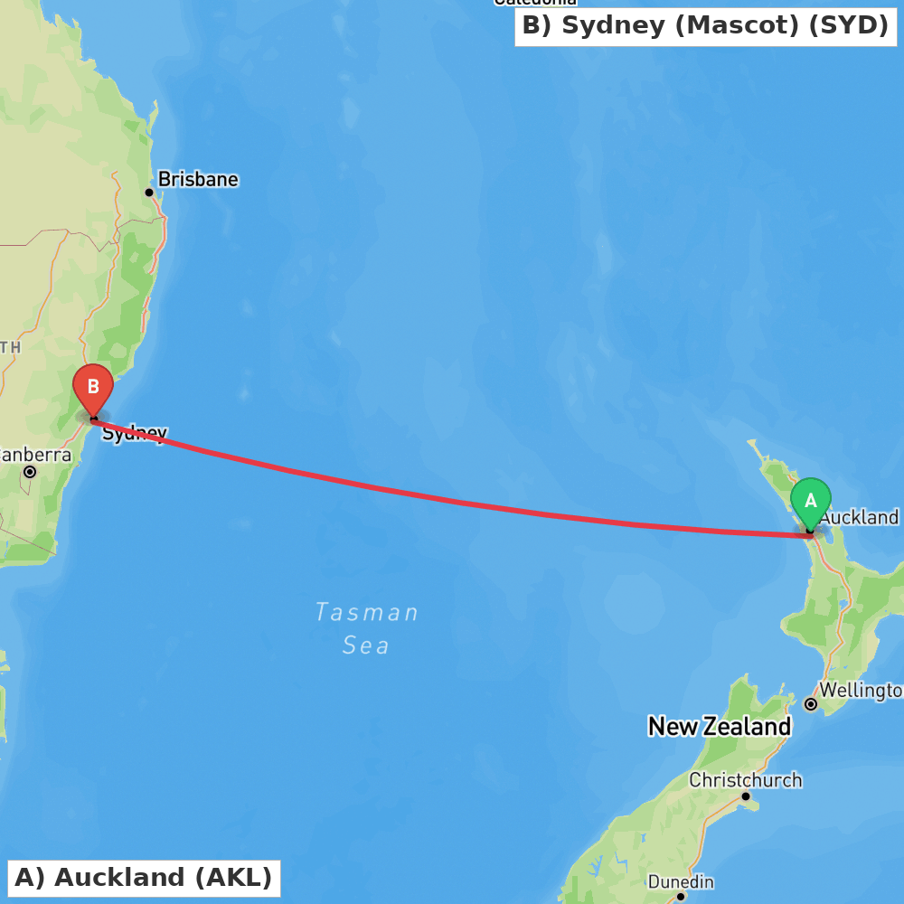 Flight route map from Auckland to Sydney (Mascot)