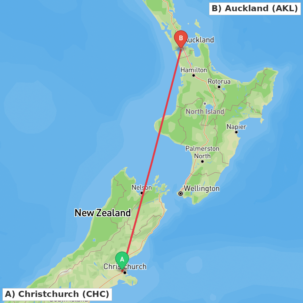 Flight route map from Christchurch to Auckland