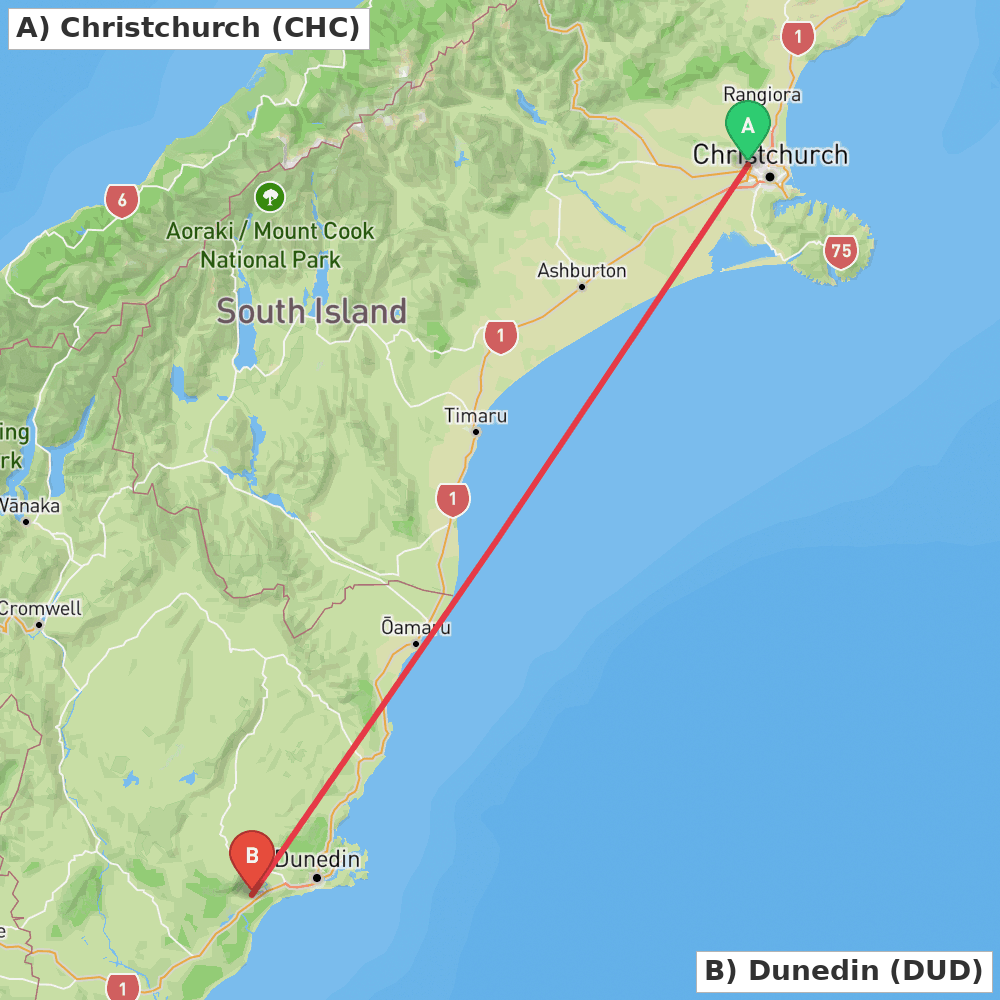 Flight route map from Christchurch to Dunedin