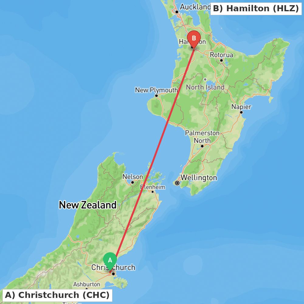 Flight route map from Christchurch to Hamilton