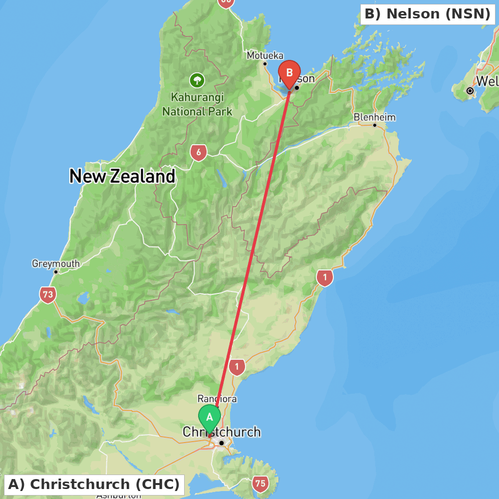 Flight route map from Christchurch to Nelson