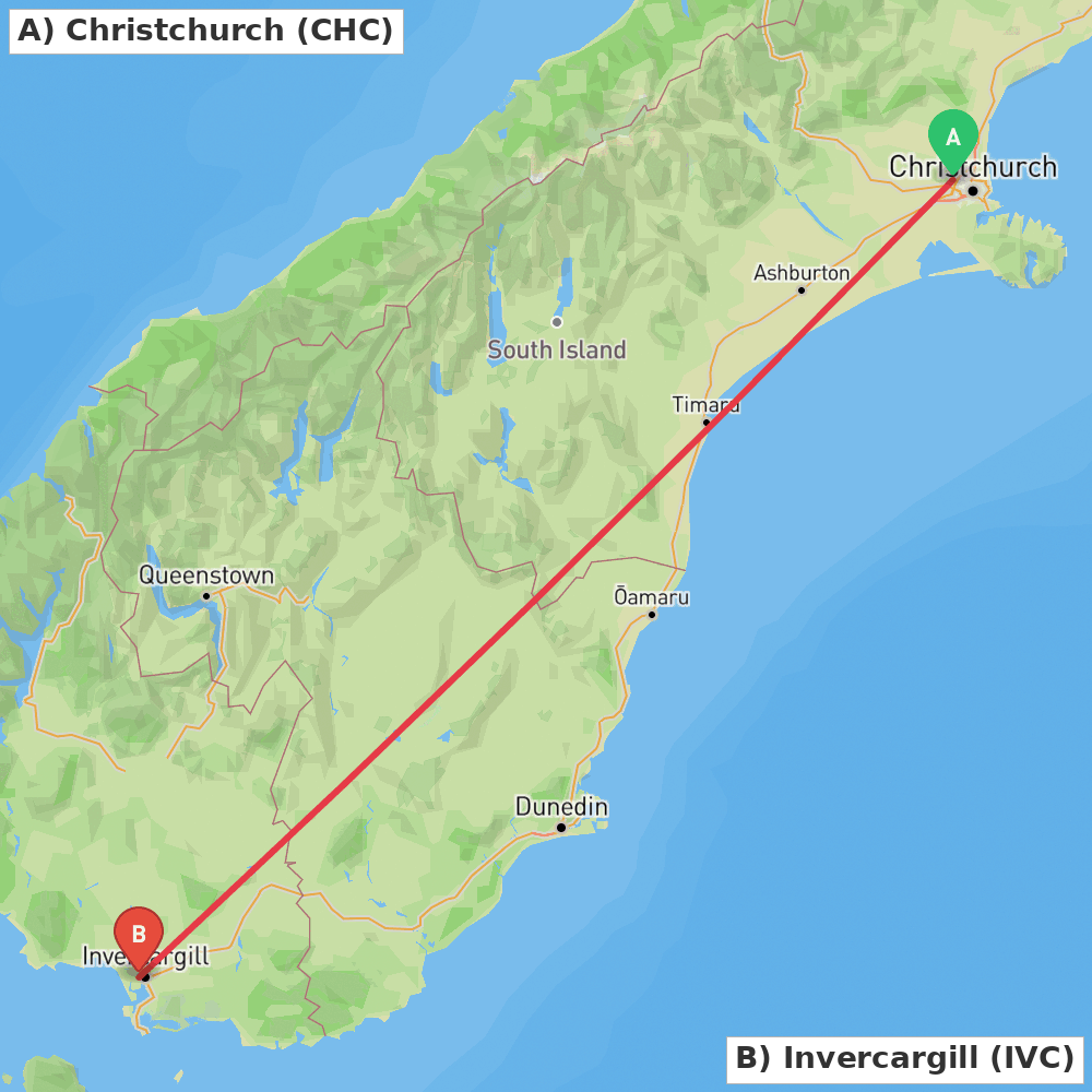 Flight route map from Christchurch to Invercargill