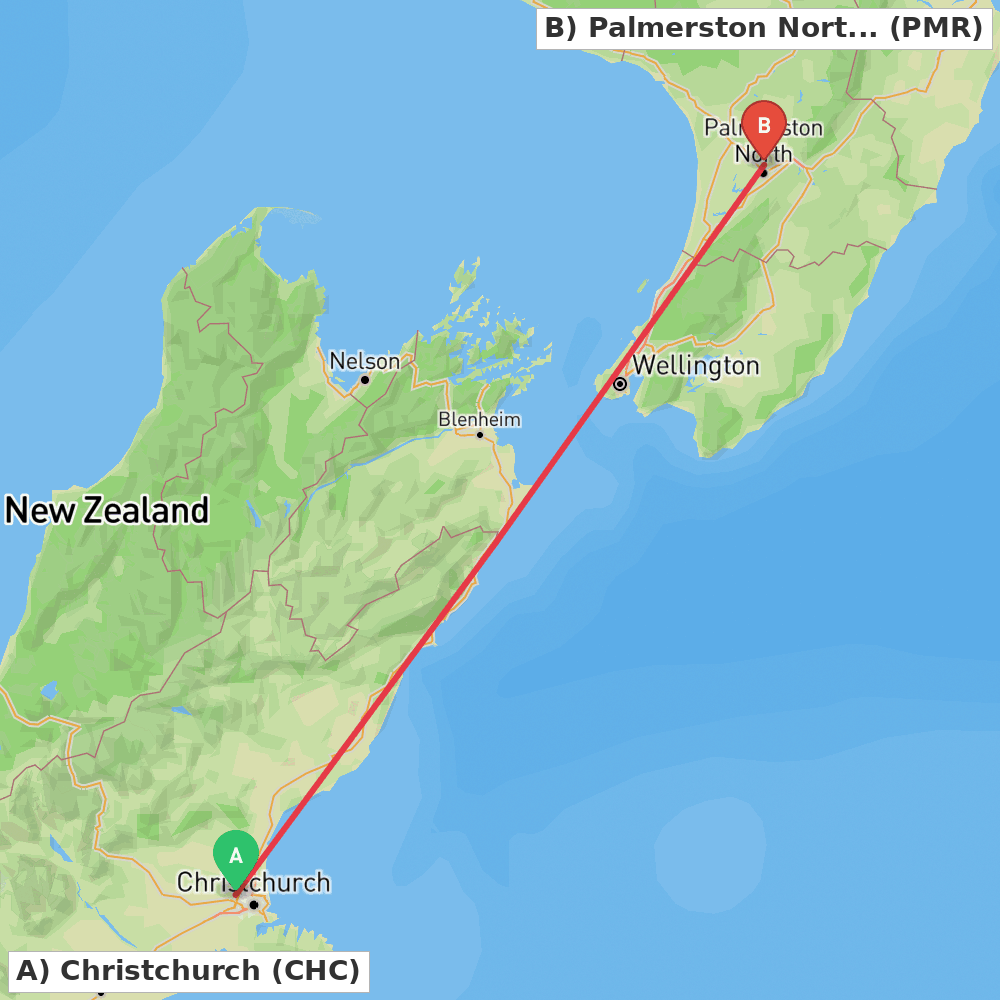 Flight route map from Christchurch to Palmerston North