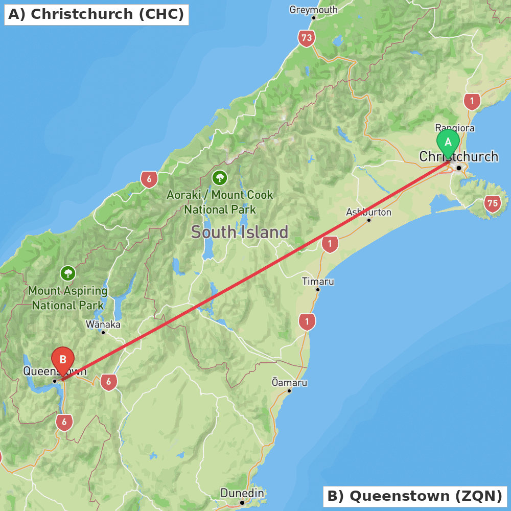 Flight route map from Christchurch to Queenstown