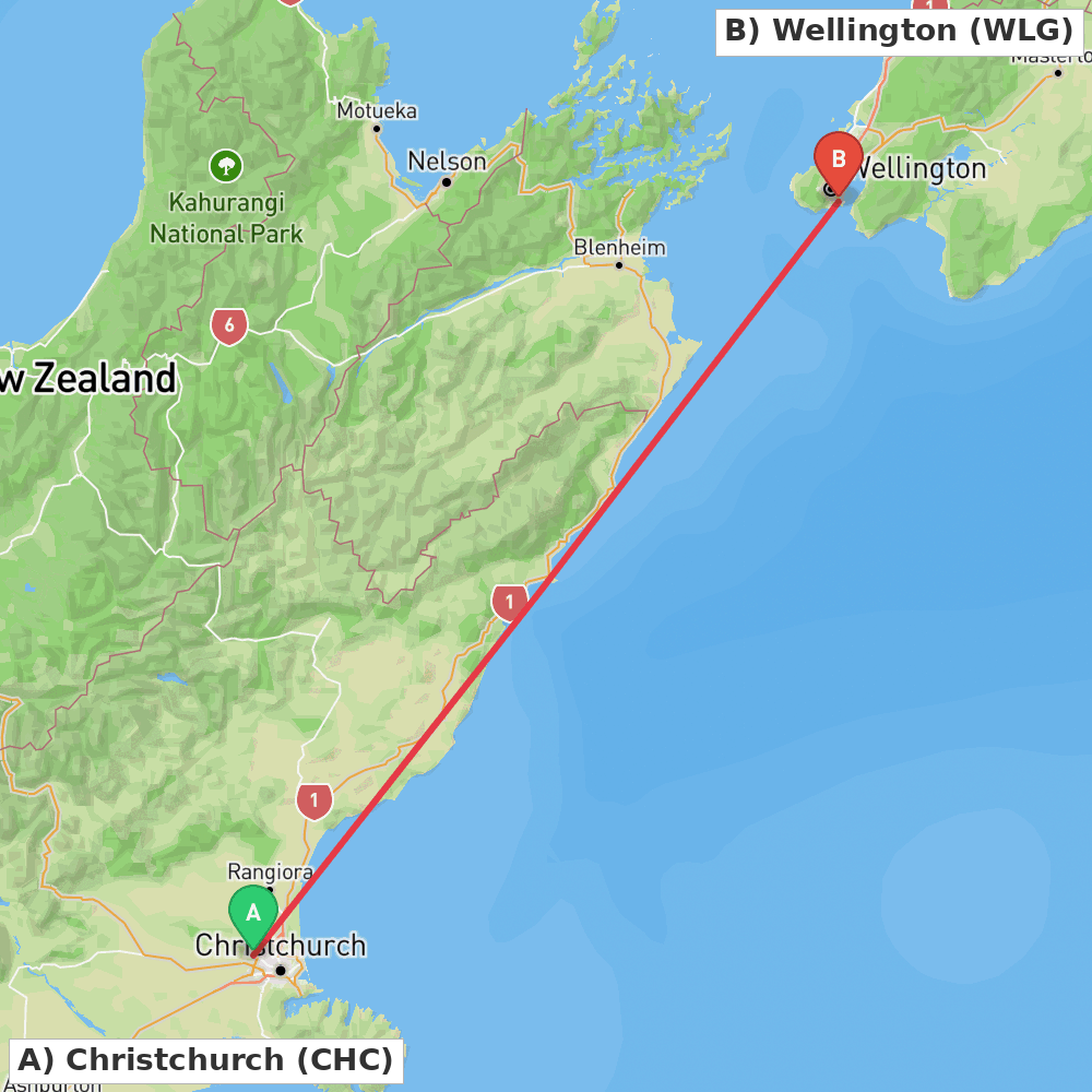 Flight route map from Christchurch to Wellington