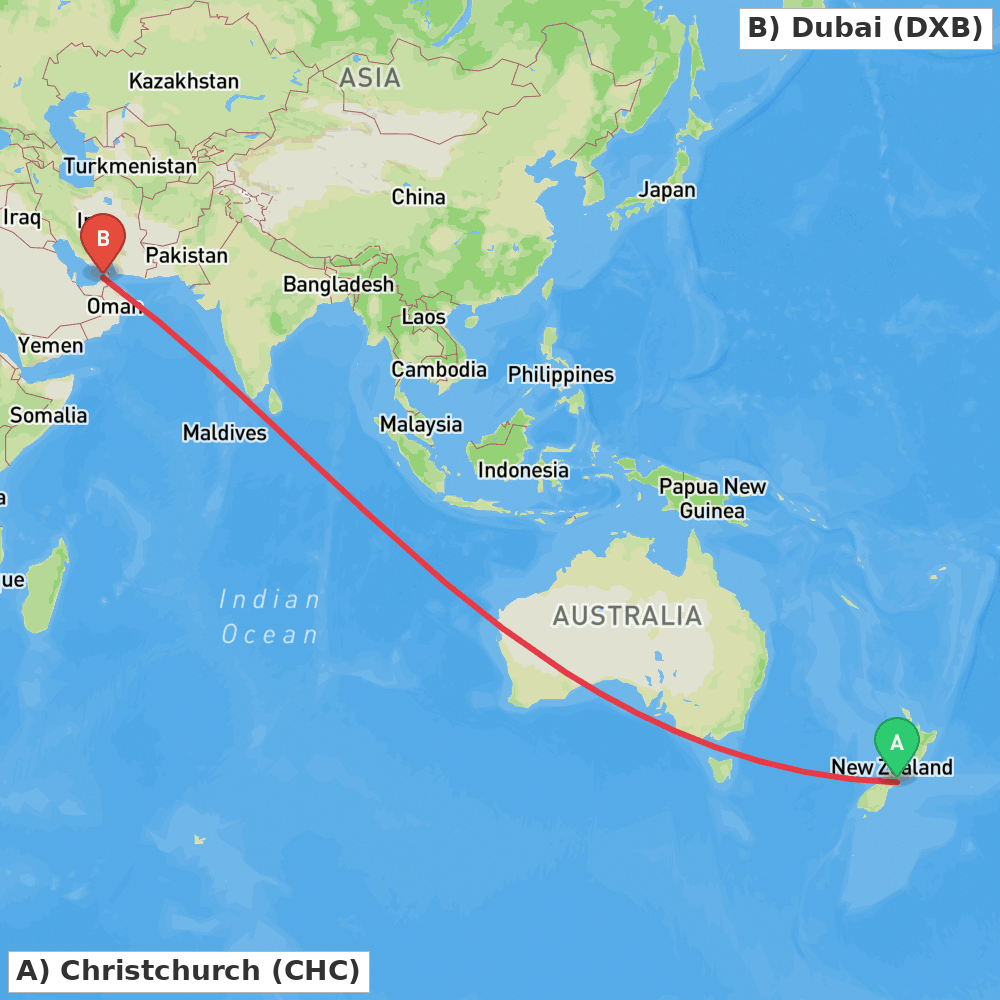 Flight route map from Christchurch to Dubai