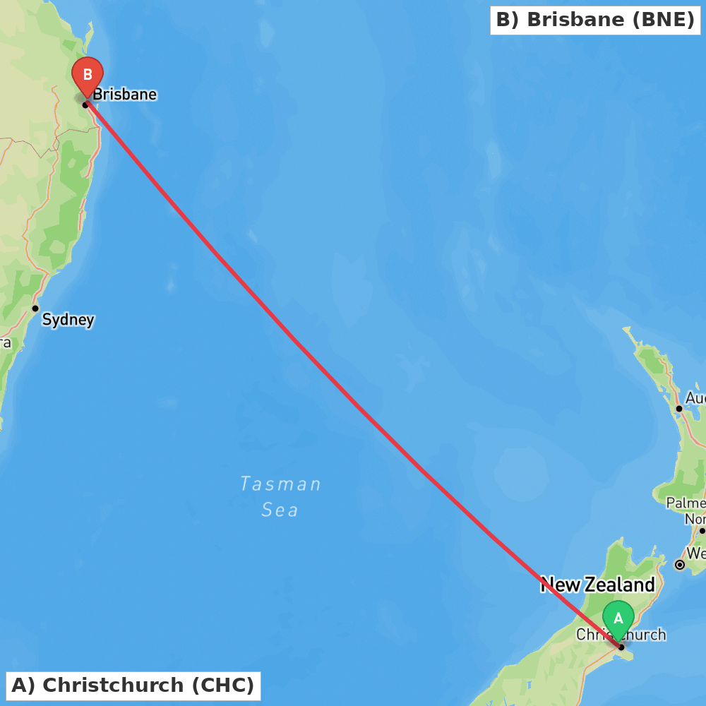 Flight route map from Christchurch to Brisbane