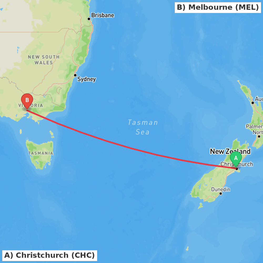 Flight route map from Christchurch to Melbourne