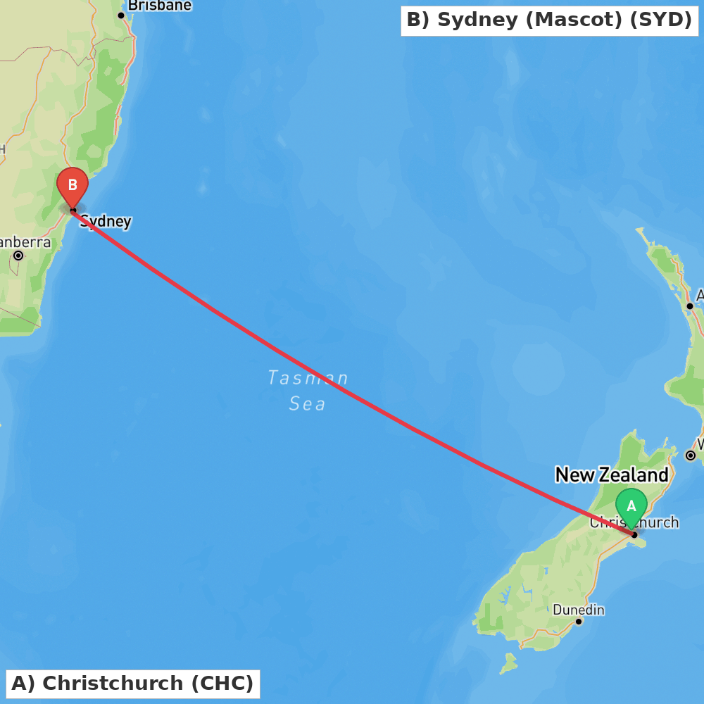 Flight route map from Christchurch to Sydney (Mascot)