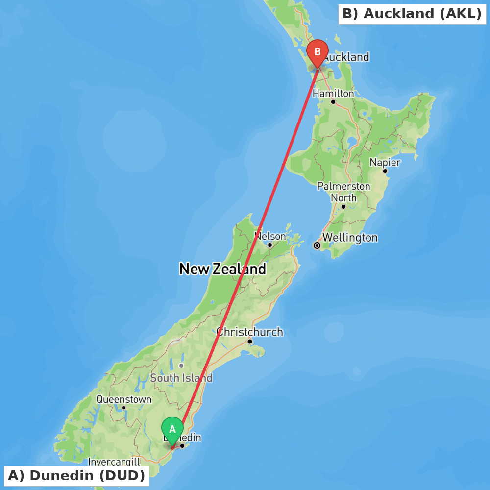 Flight route map from Dunedin to Auckland