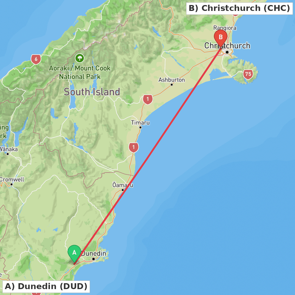 Flight route map from Dunedin to Christchurch