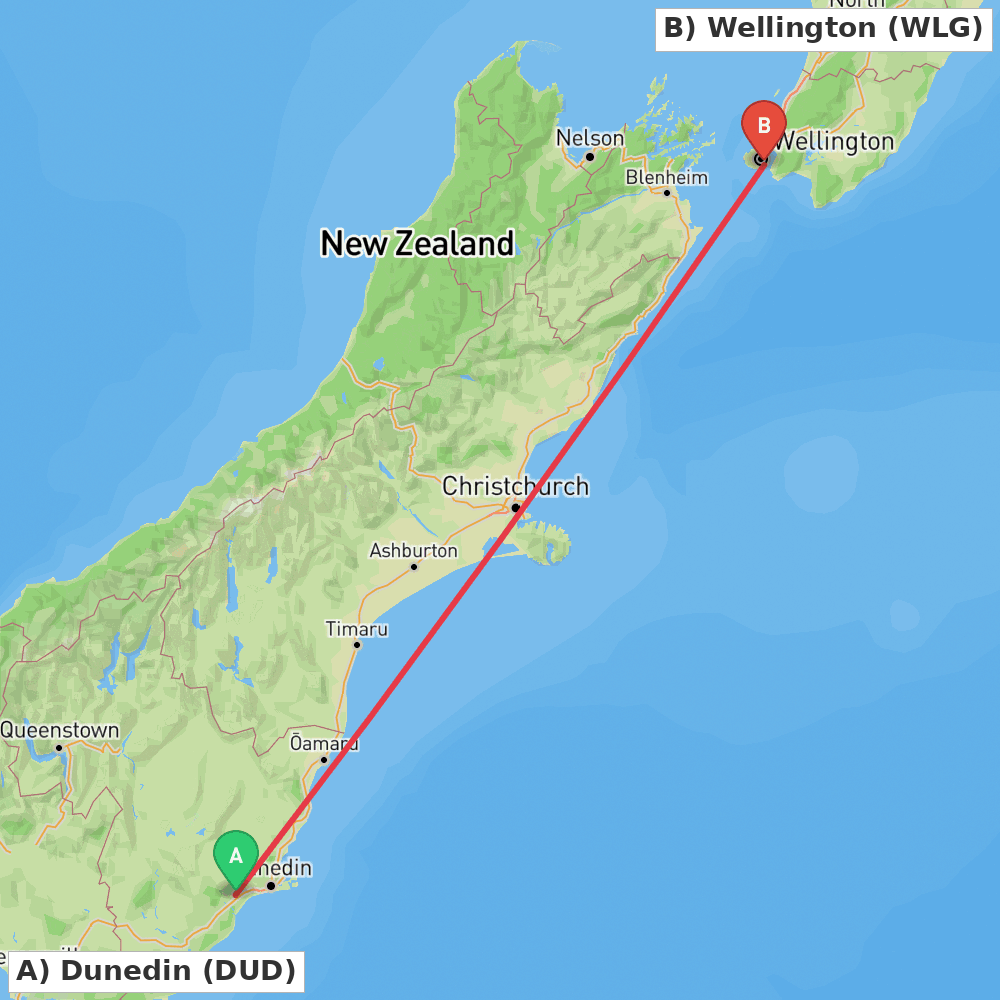 Flight route map from Dunedin to Wellington