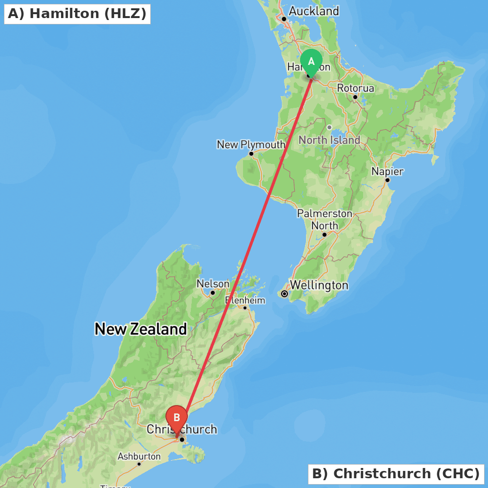 Flight route map from Hamilton to Christchurch