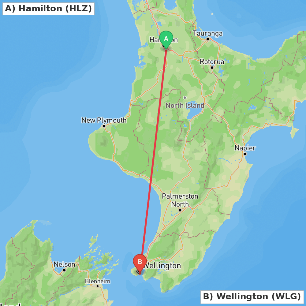 Flight route map from Hamilton to Wellington