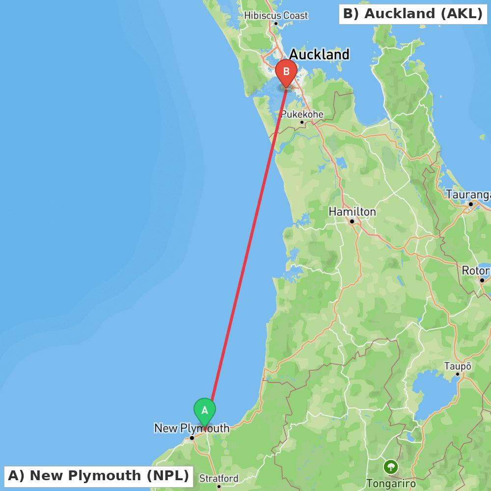Flight route map from New Plymouth to Auckland