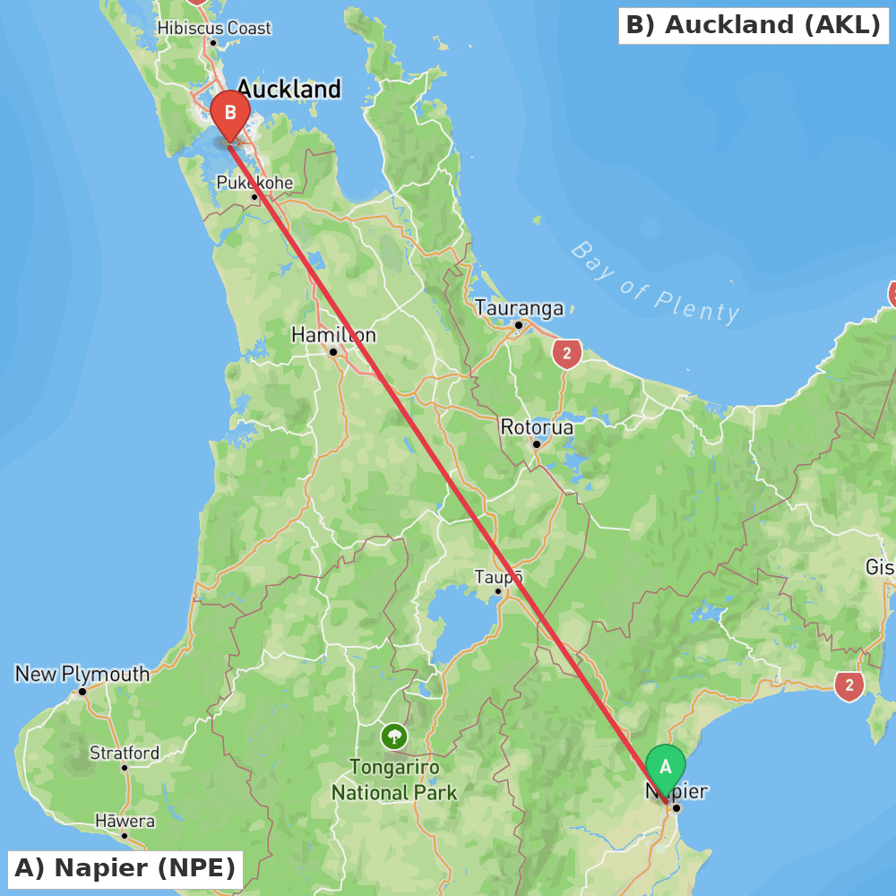 Flight route map from Napier to Auckland