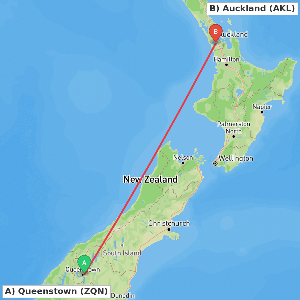 Flight route map from Queenstown to Auckland