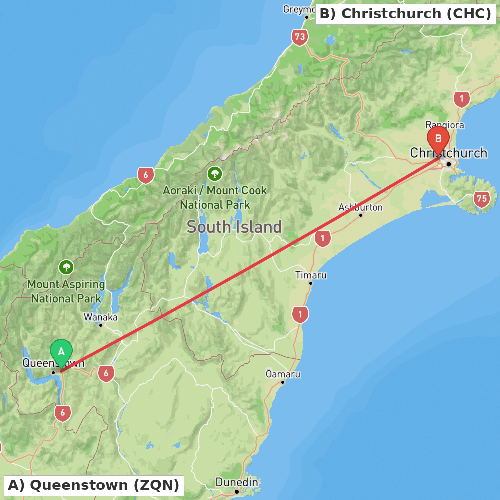 Flight route map from Queenstown to Christchurch