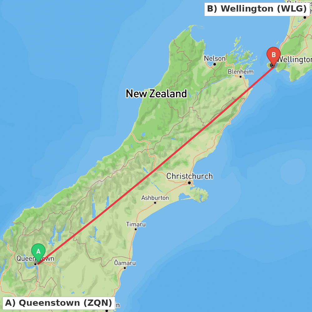 Flight route map from Queenstown to Wellington