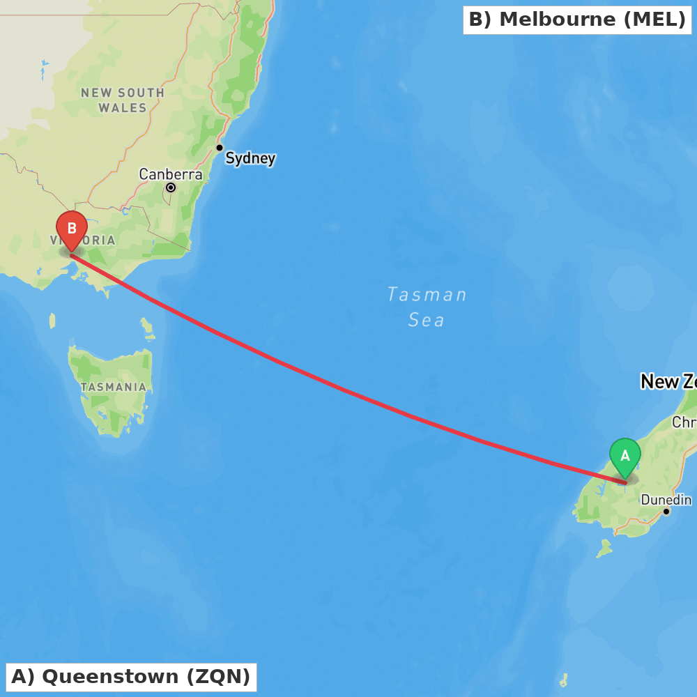 Flight route map from Queenstown to Melbourne