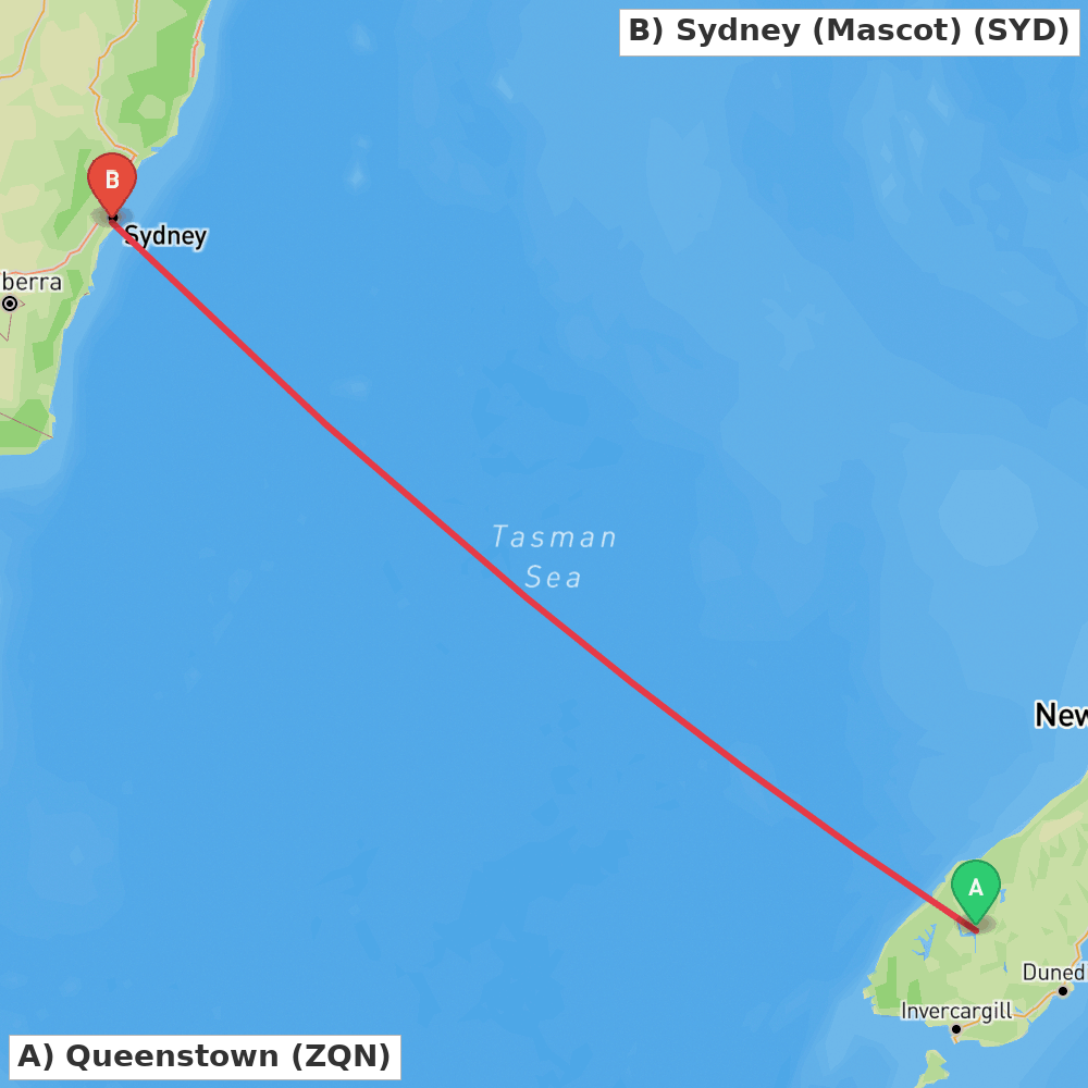 Flight route map from Queenstown to Sydney (Mascot)