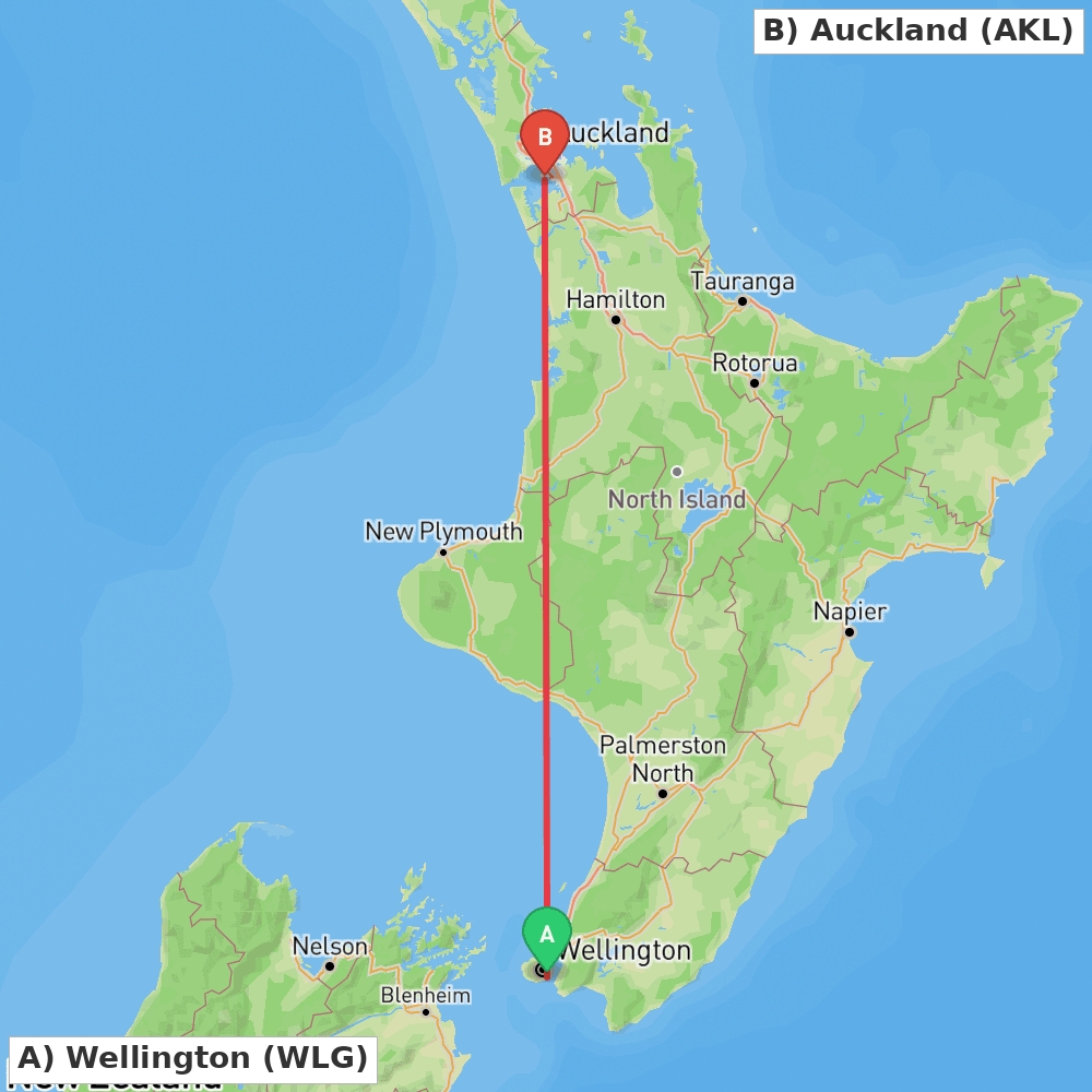 Flight route map from Wellington to Auckland
