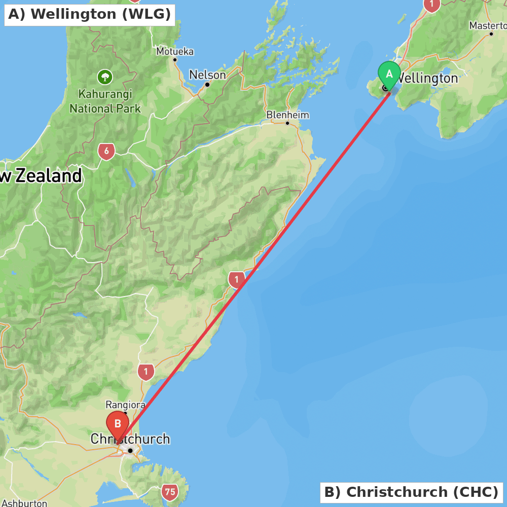 Flight route map from Wellington to Christchurch