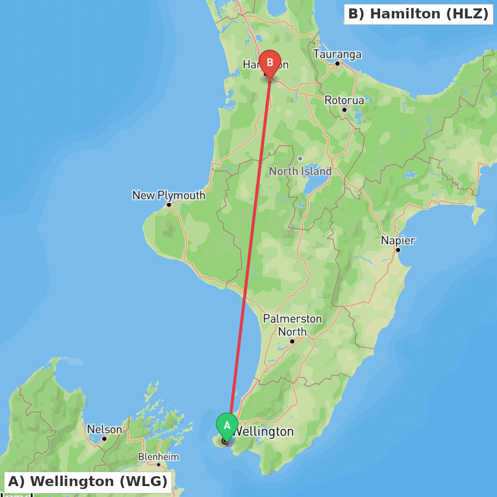 Flight route map from Wellington to Hamilton