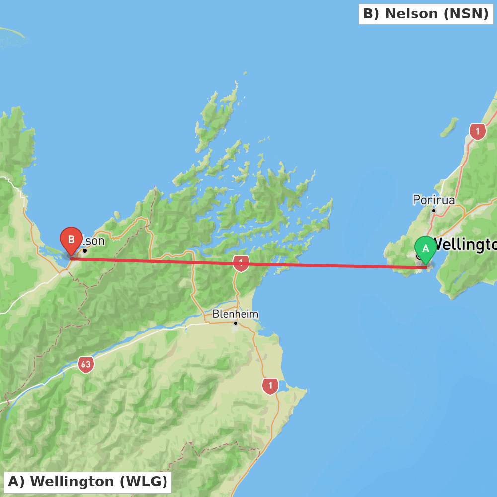 Flight route map from Wellington to Nelson