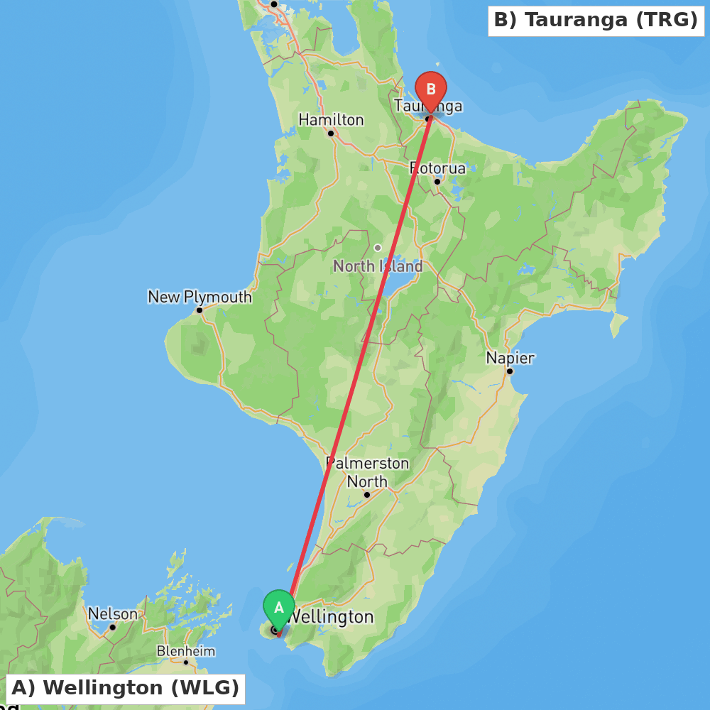 Flight route map from Wellington to Tauranga