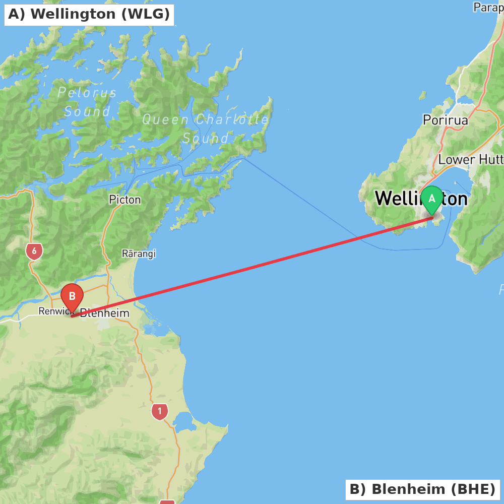 Flight route map from Wellington to Blenheim