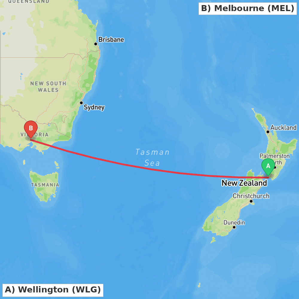 Flight route map from Wellington to Melbourne
