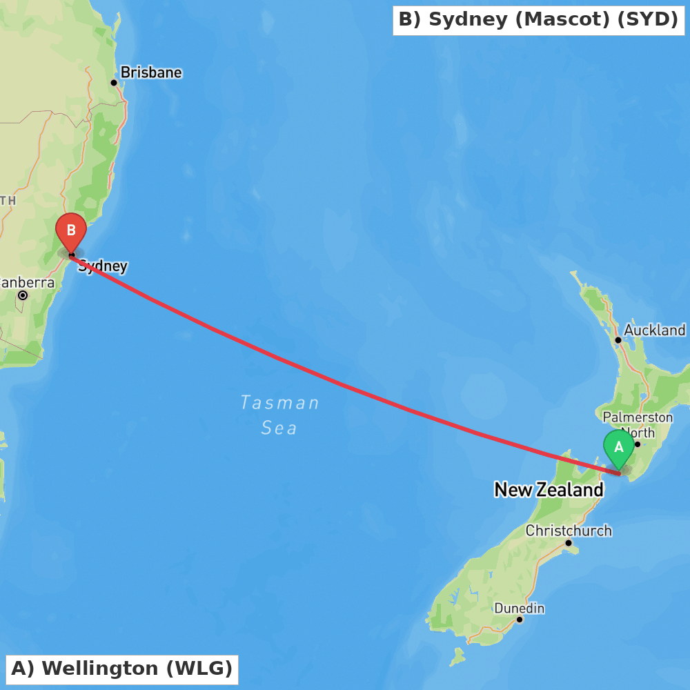 Flight route map from Wellington to Sydney (Mascot)