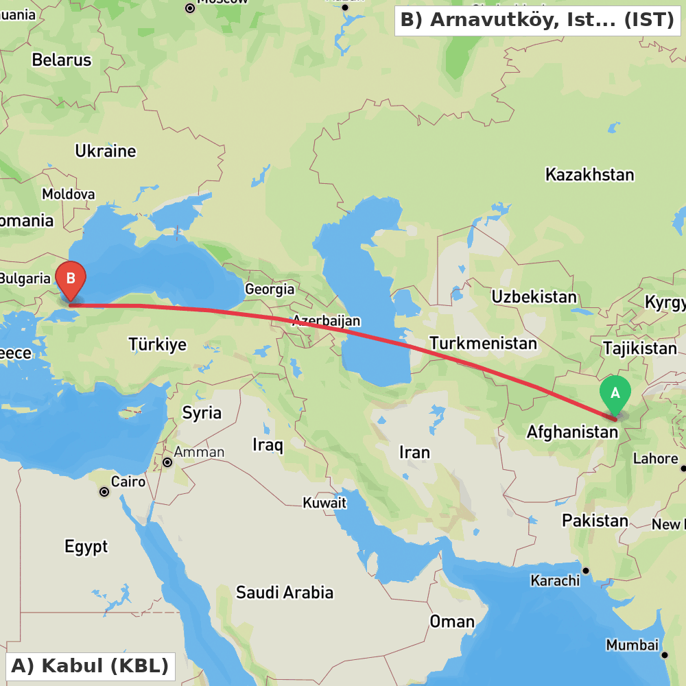 Flight route map from Kabul to Arnavutköy, Istanbul