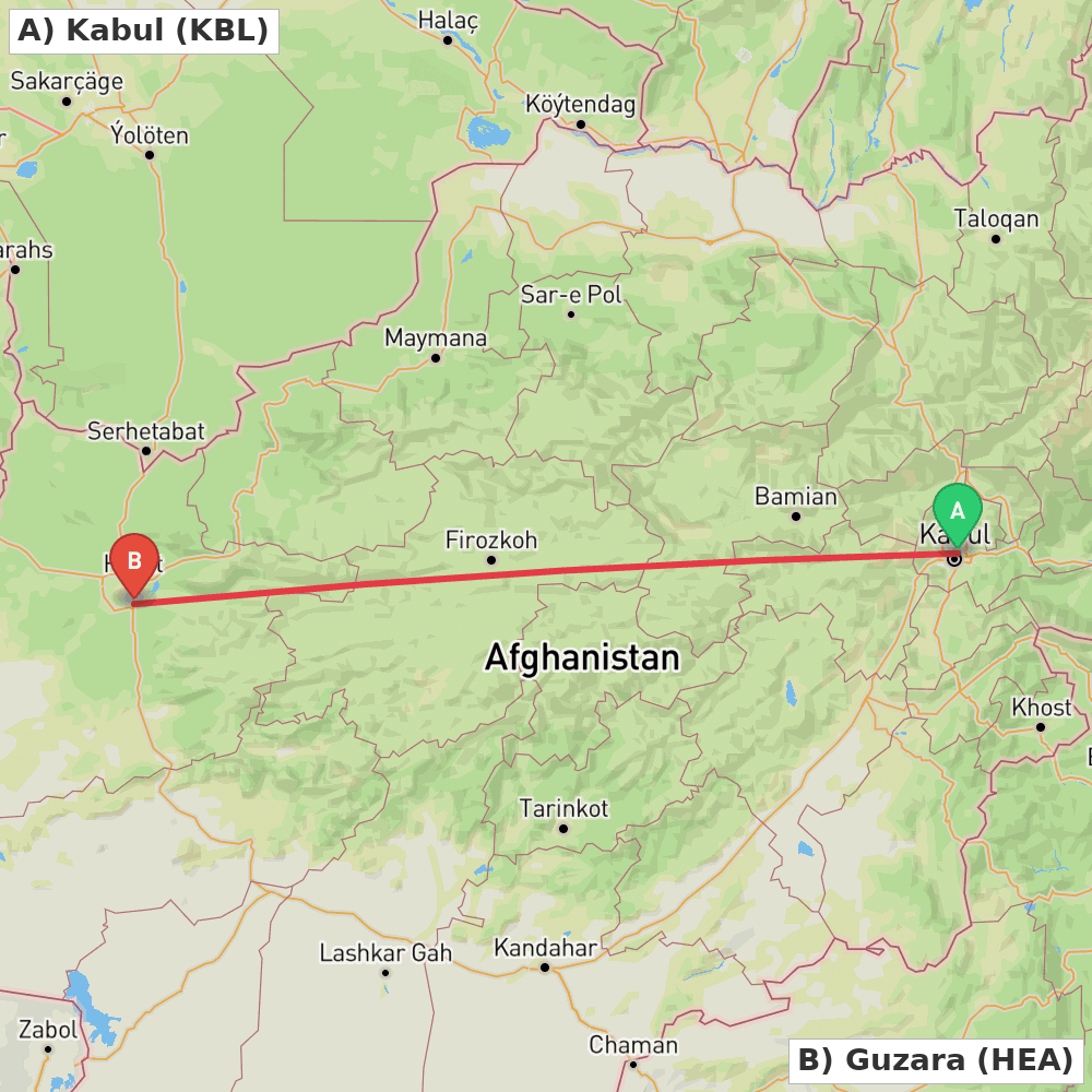 Flight route map from Kabul to Guzara