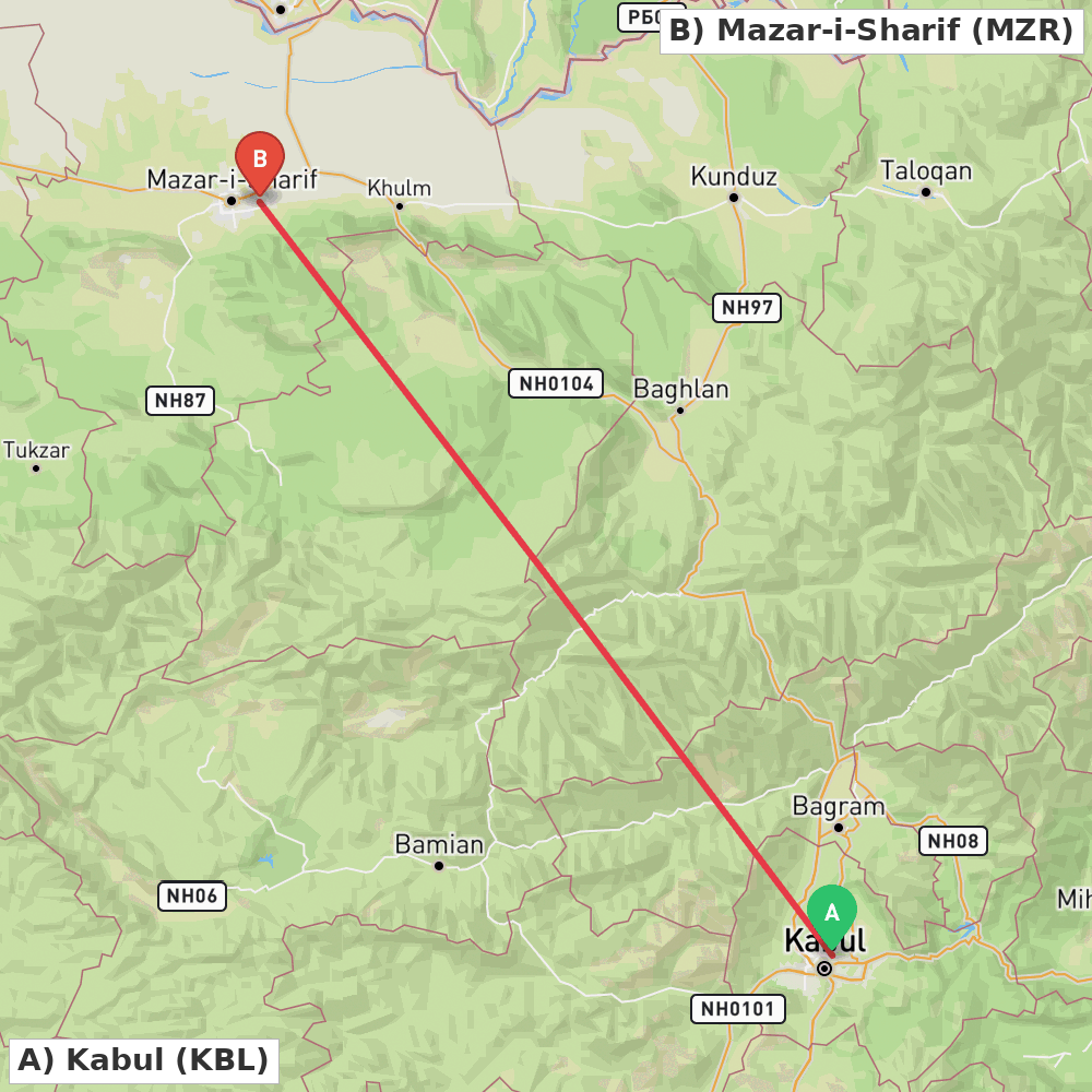 Flight route map from Kabul to Mazar-i-Sharif