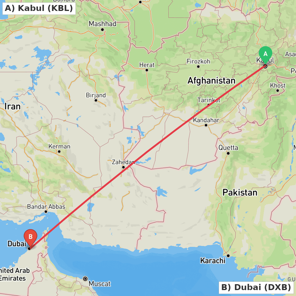 Flight route map from Kabul to Dubai