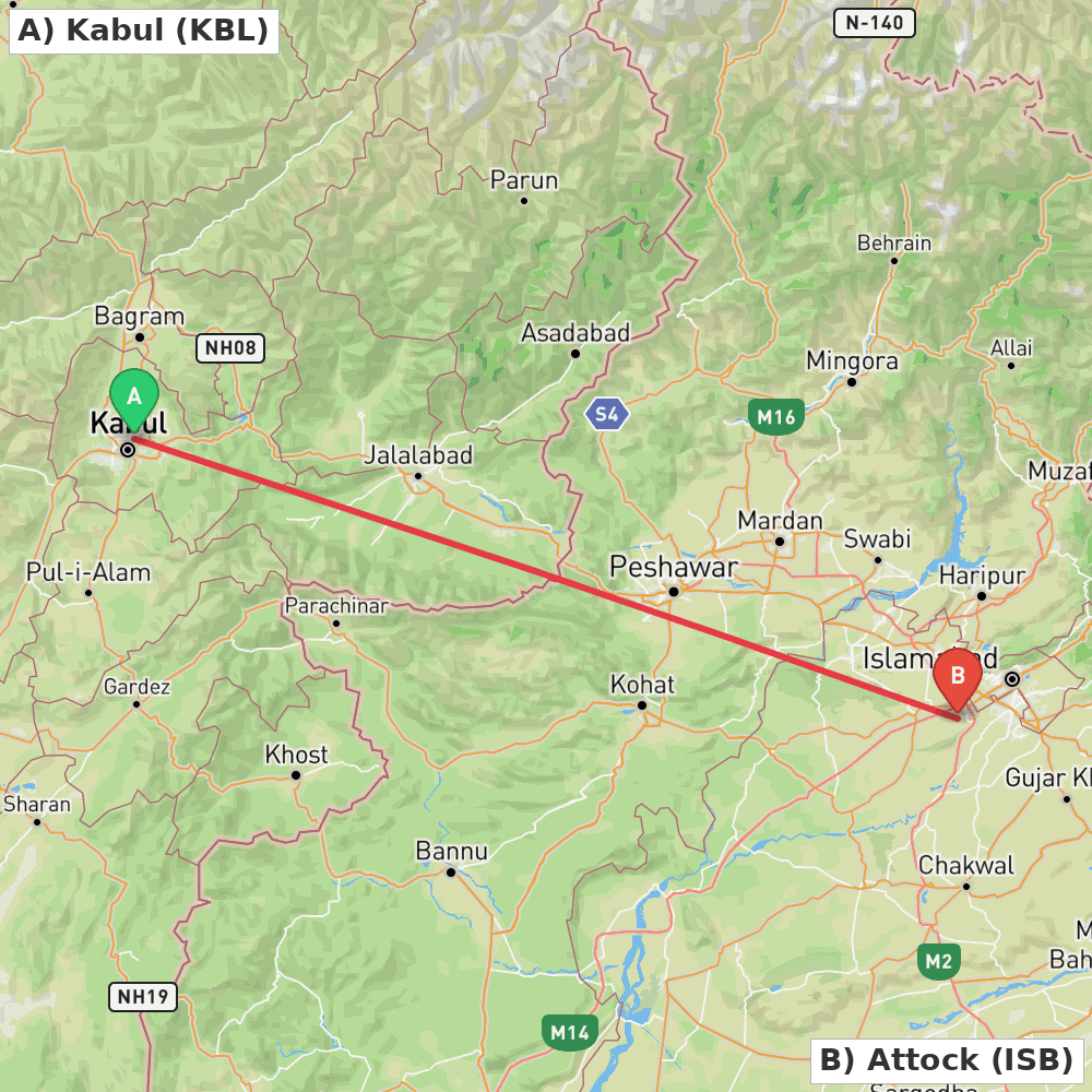 Flight route map from Kabul to Attock