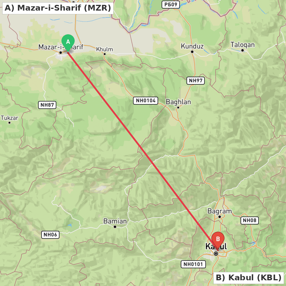 Flight route map from Mazar-i-Sharif to Kabul