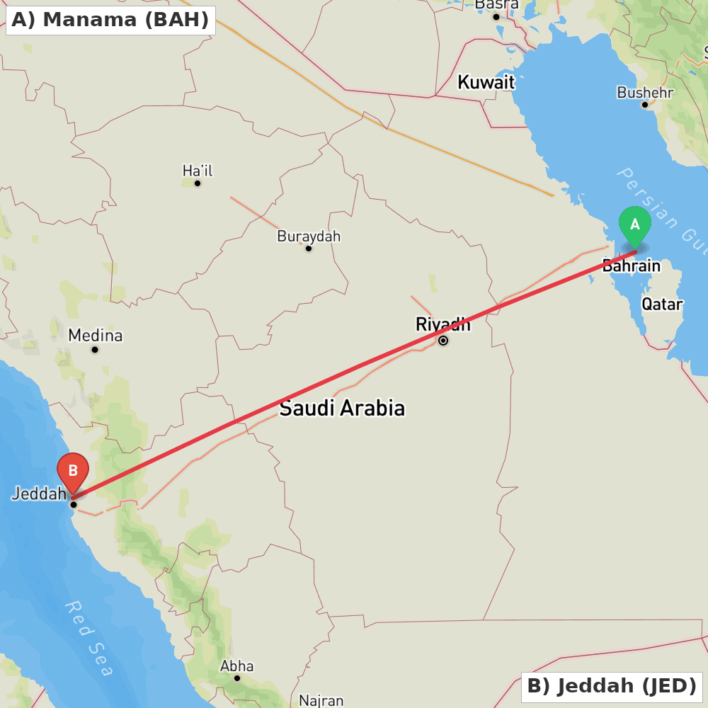 Flight route map from Manama to Jeddah
