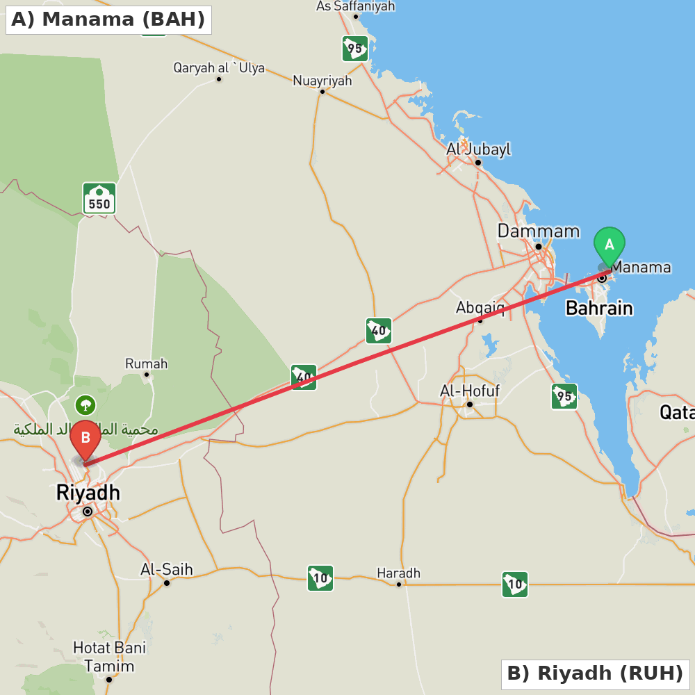 Flight route map from Manama to Riyadh