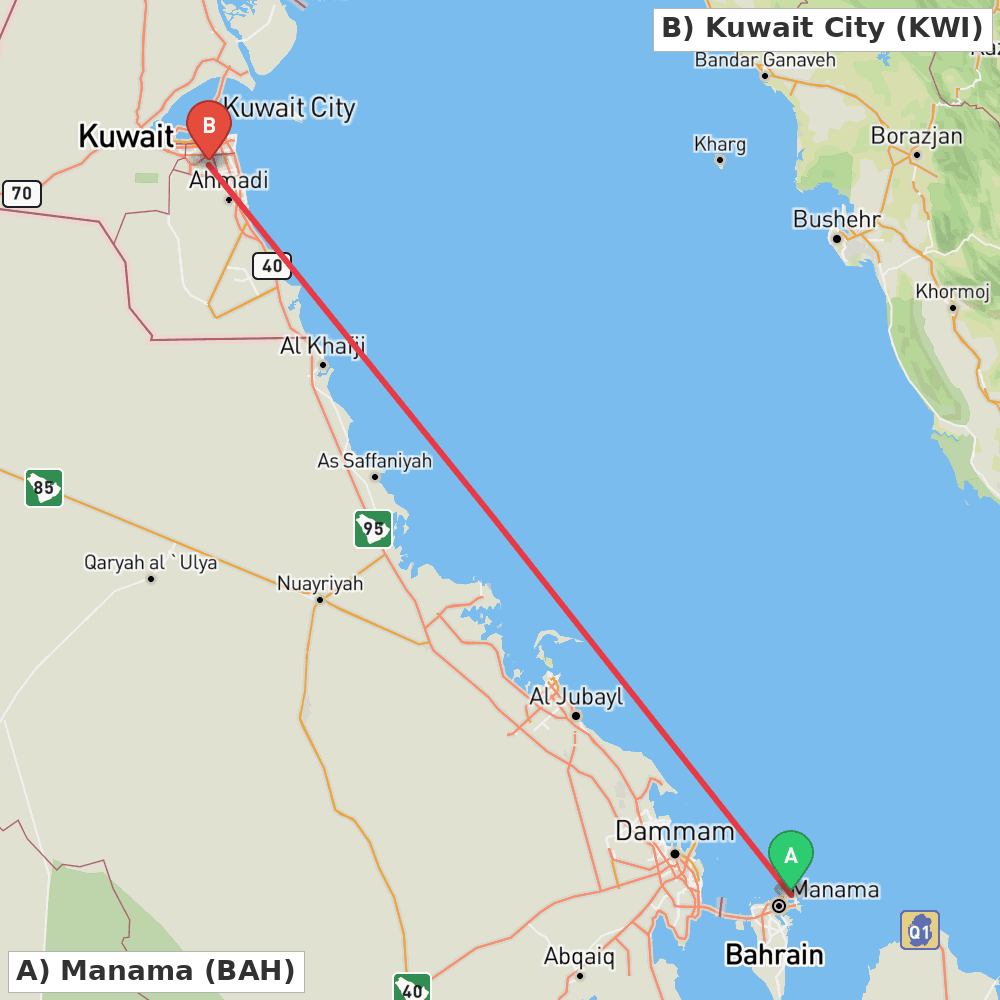 Flight route map from Manama to Kuwait City