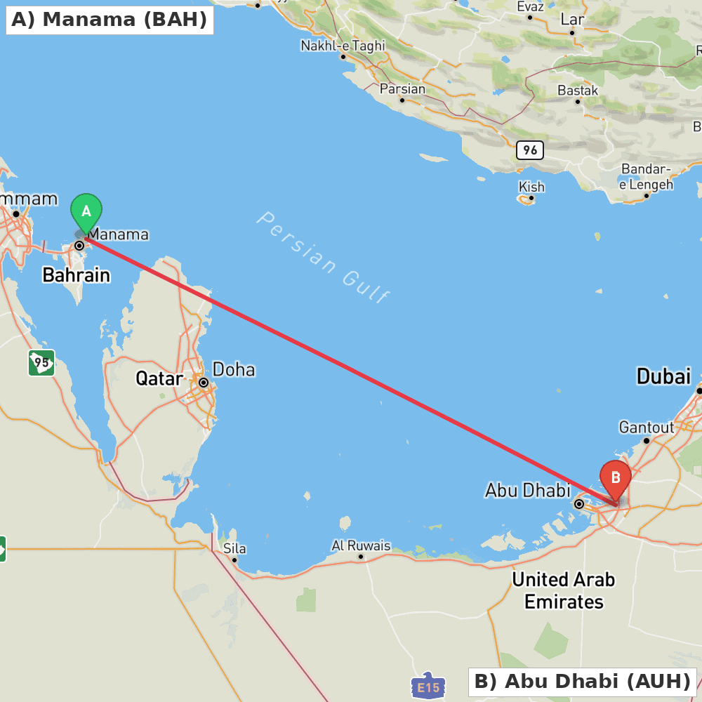 Flight route map from Manama to Abu Dhabi