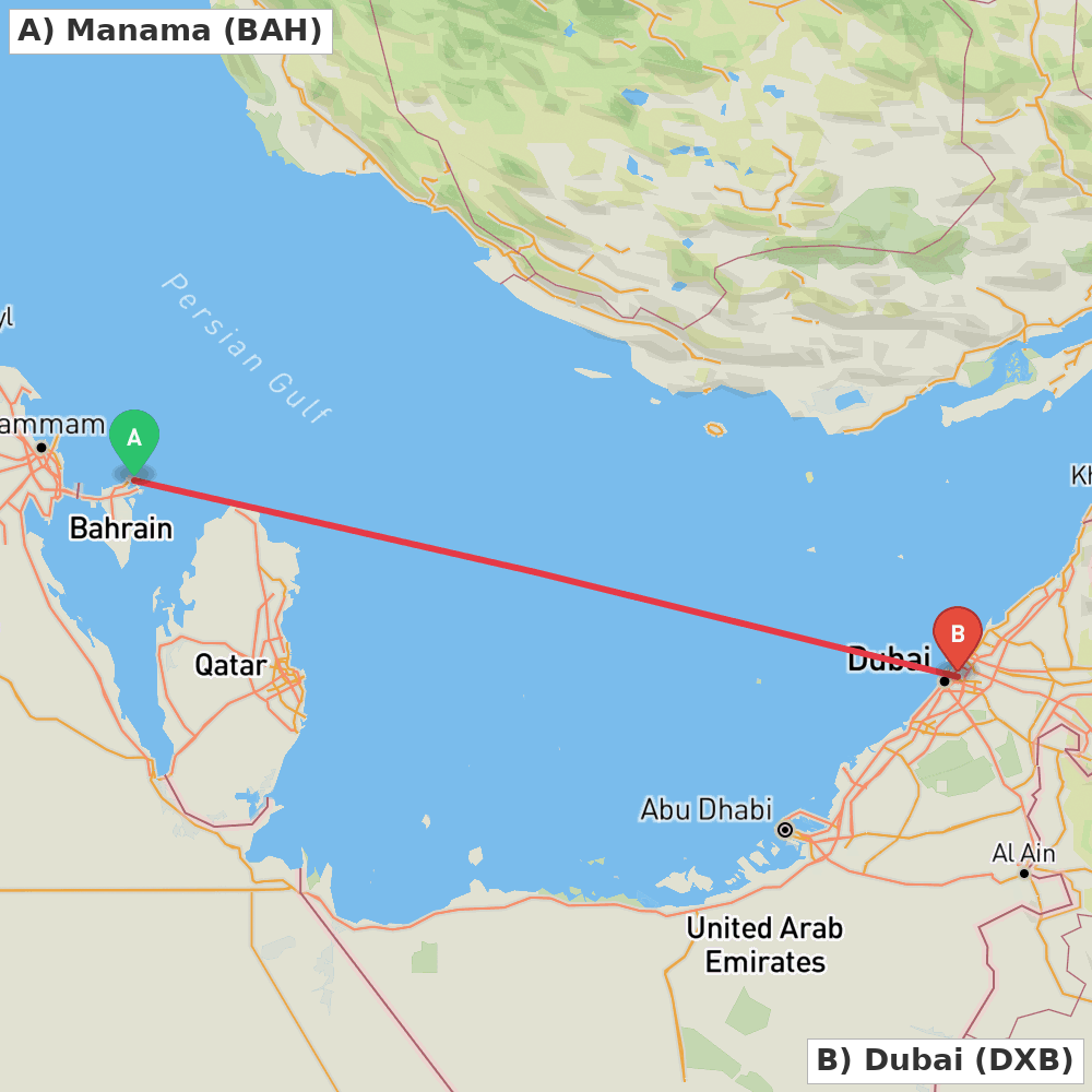 Flight route map from Manama to Dubai