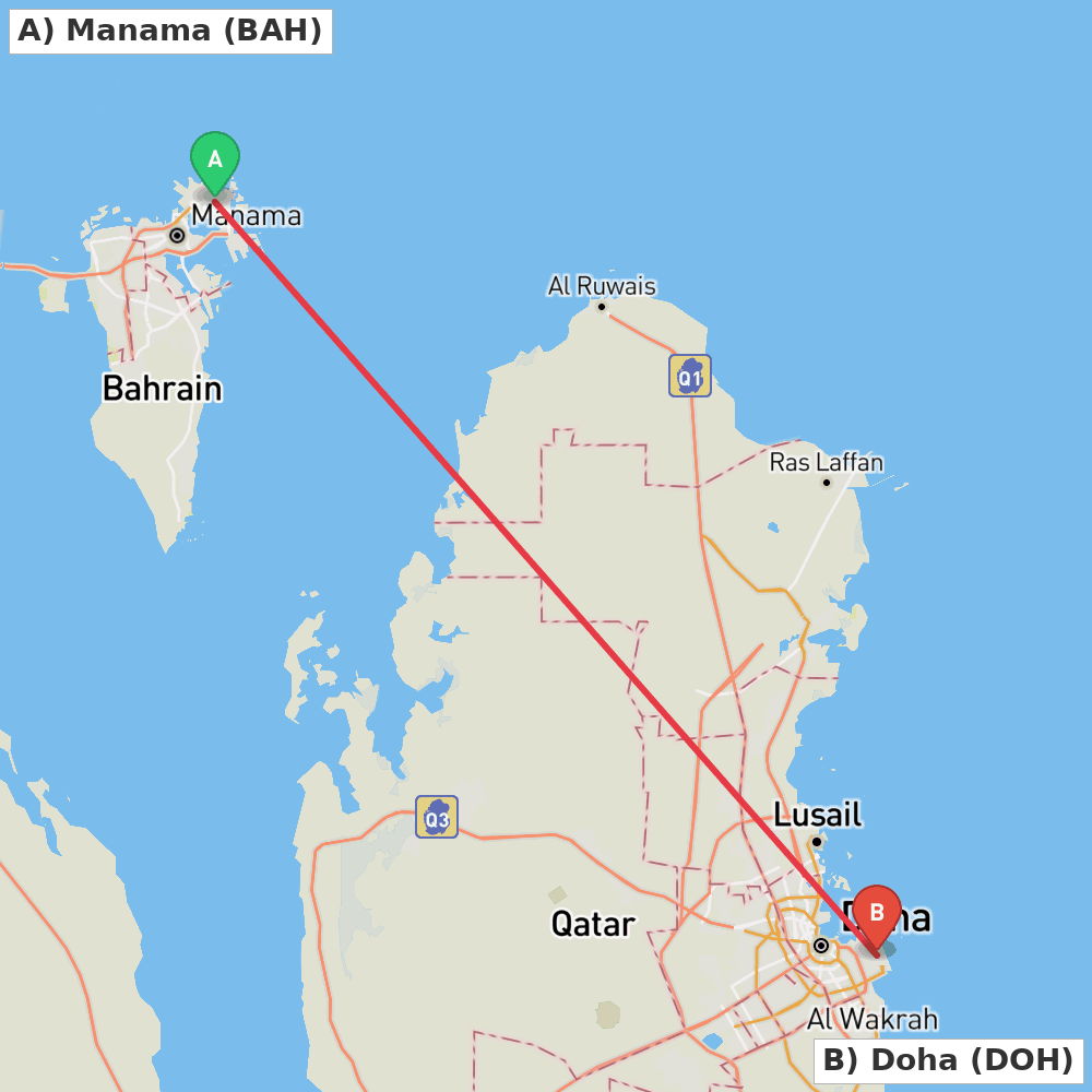 Flight route map from Manama to Doha