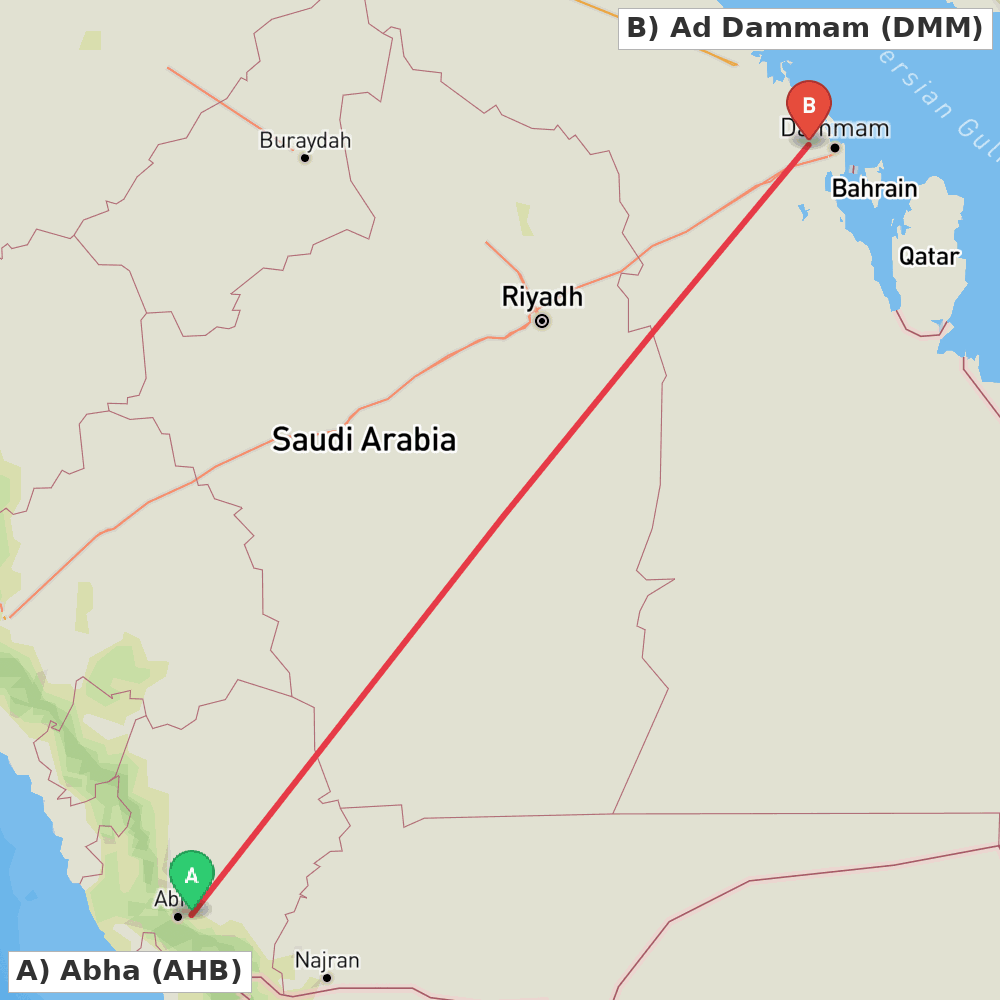Flight route map from Abha to Ad Dammam