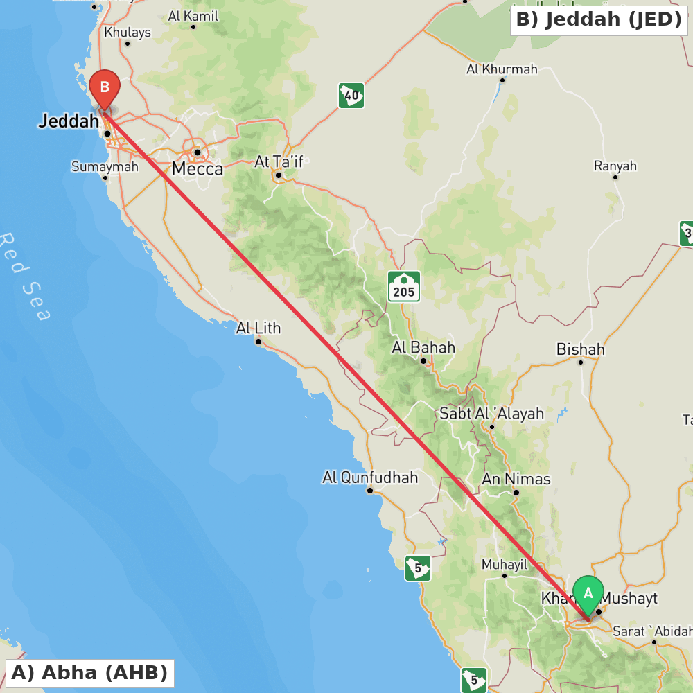 Flight route map from Abha to Jeddah