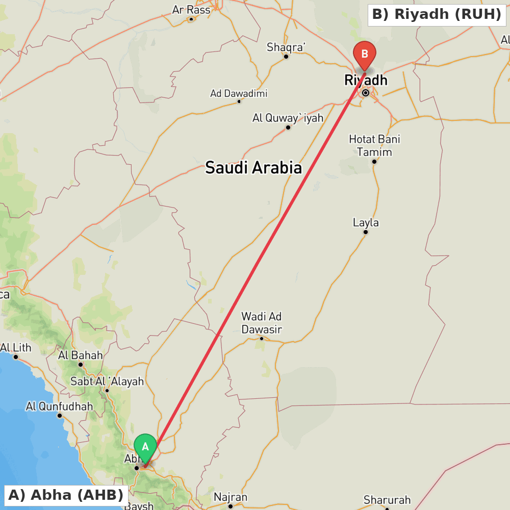 Flight route map from Abha to Riyadh