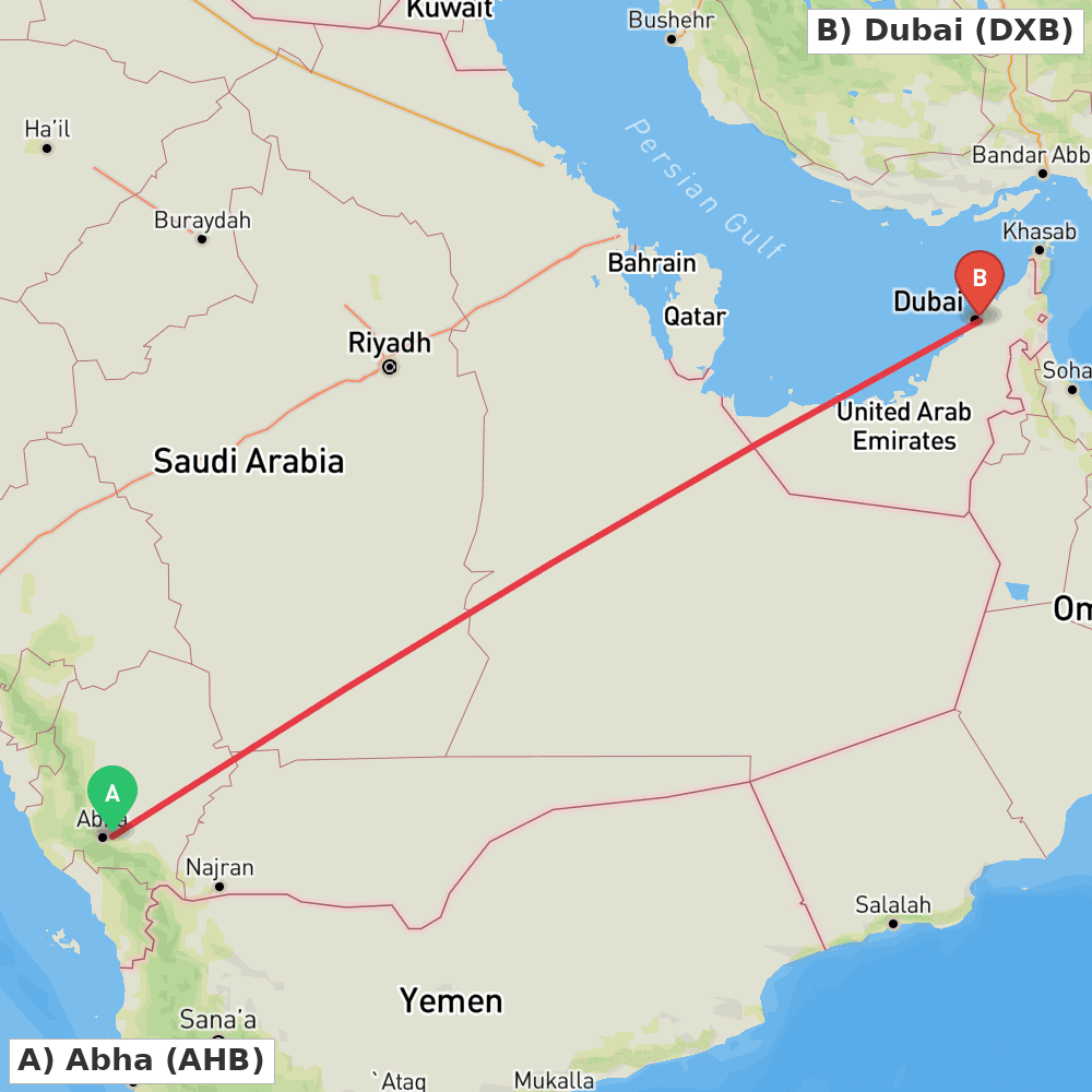 Flight route map from Abha to Dubai